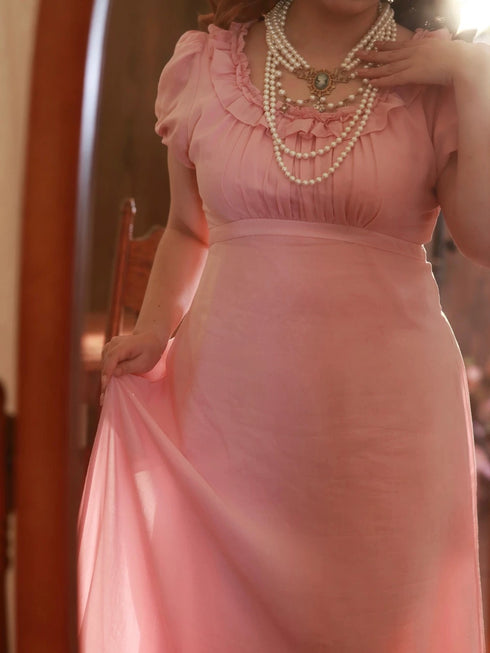 Pink Regency Era Dress with Ruffled Neckline and Puff Sleeves – Bridgerton Inspired Dress Plus Size